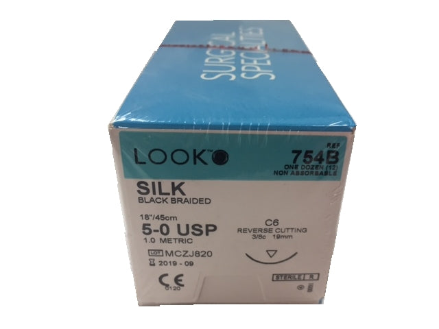 Look 754B Silk Black Braided Non Absorbable Reverse Cutting Sutures C6 3/8 Circle 5-0 18 Look 754B Silk Black Braided Non Absorbable Reverse Cutting Sutures C6 3/8 Circle 5-0 18